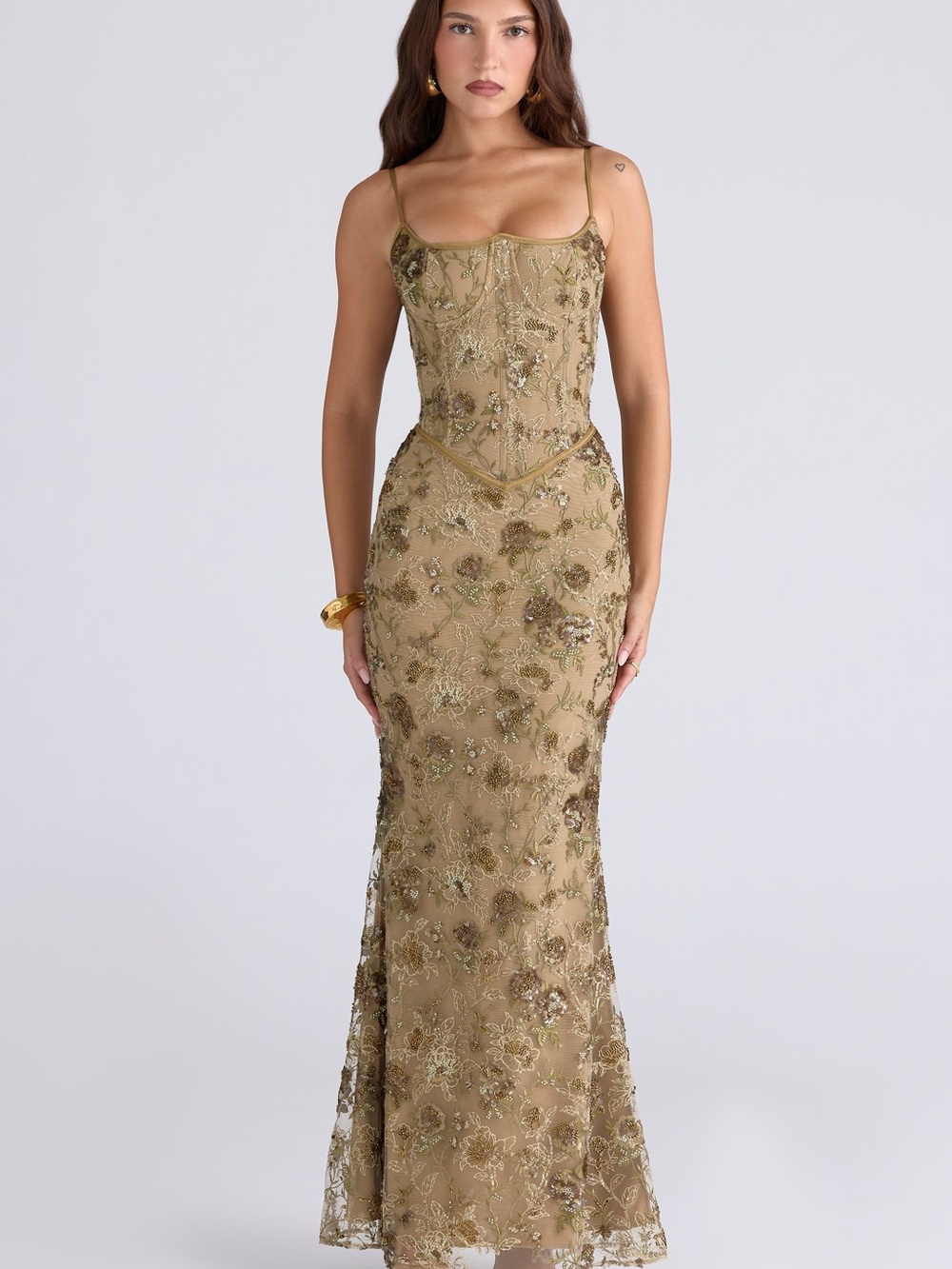 House of CB Naima Tan Embroidered Strapless Evening Gown